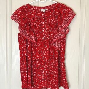 Max Studio Red Floral Flutter Sleeve Button Front Top Women Size S Prairie